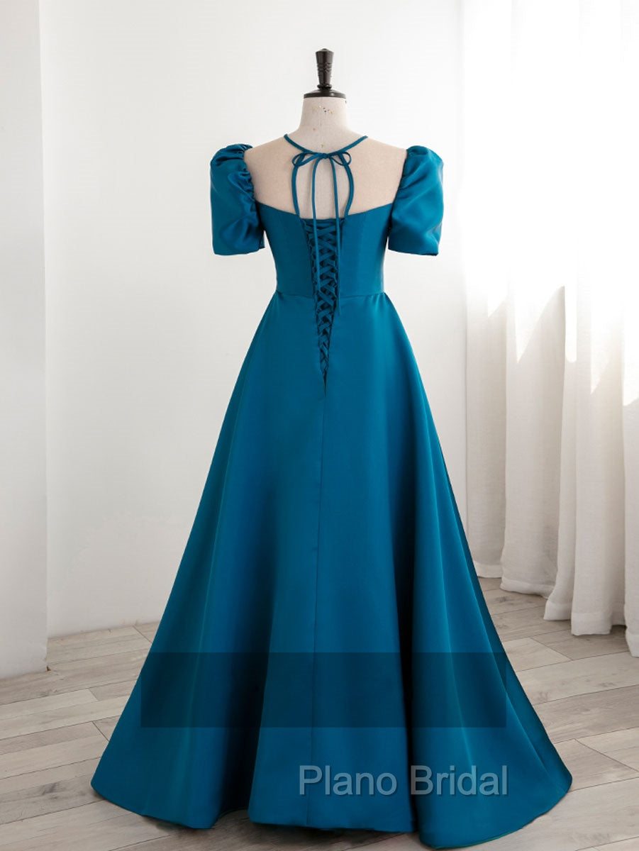 A-Line Satin Blue Long Formal Prom Dresses, Blue Long Formal Evening Dresses