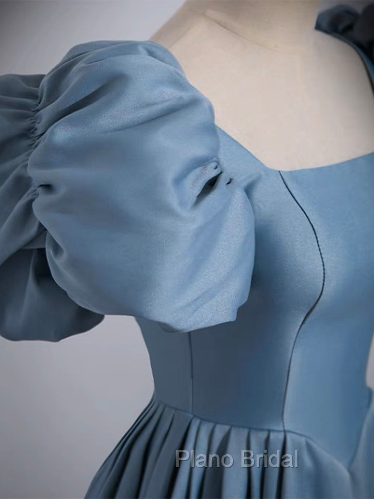 A-Line Satin Blue Long Formal Prom Dresses, Blue Satin Long Evening Dresses