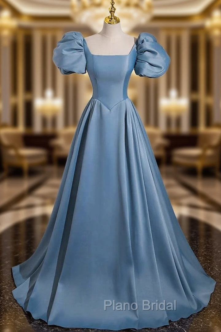 A-Line Satin Blue Long Formal Prom Dresses, Blue Satin Long Evening Dresses
