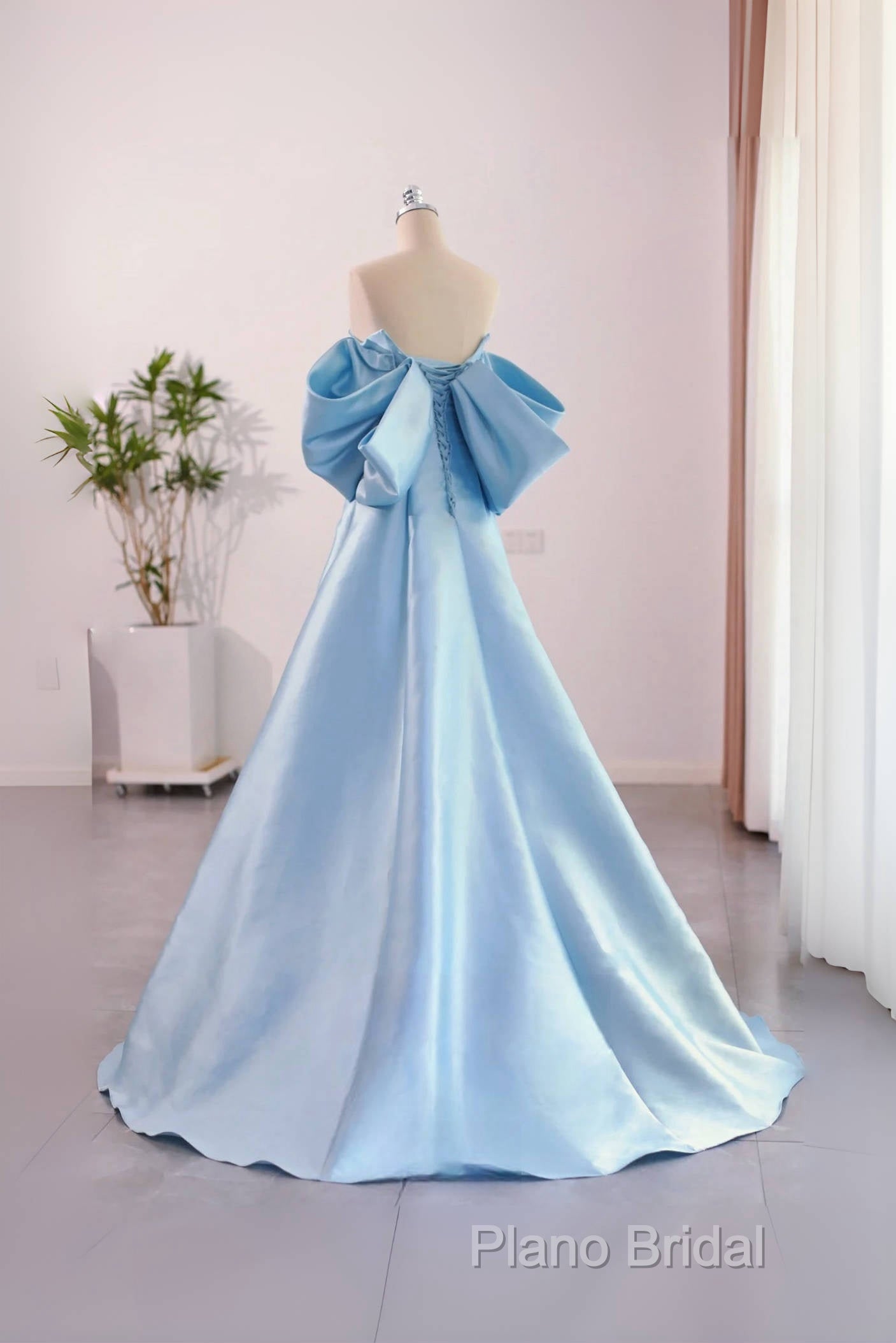 A-Line Satin Blue Long Formal Prom Dresses With Bow