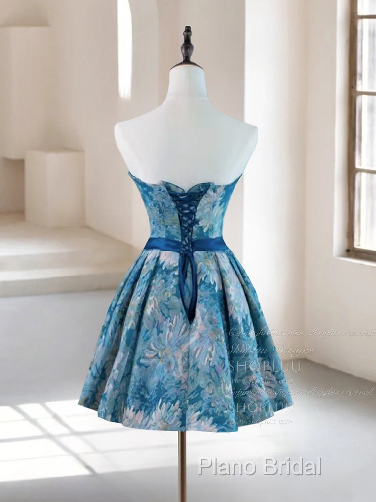 A-Line Satin Blue Short Formal Prom Dresses, Blue Homecoming Dresses