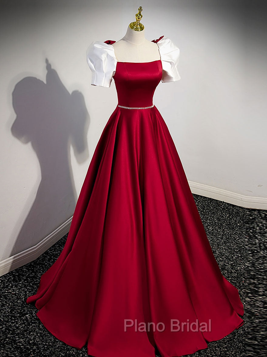 A-Line Satin Burgundy Long Formal Prom Dresses, Puffy Sleeve Formal Evening Dresses Secondary image