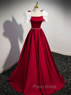 A-Line Satin Burgundy Long Formal Prom Dresses, Puffy Sleeve Formal Evening Dresses