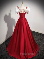 A-Line Satin Burgundy Long Formal Prom Dresses, Puffy Sleeve Formal Evening Dresses