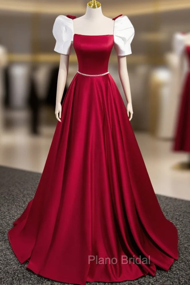 A-Line Satin Burgundy Long Formal Prom Dresses, Puffy Sleeve Formal Evening Dresses Main image