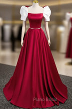 A-Line Satin Burgundy Long Formal Prom Dresses, Puffy Sleeve Formal Evening Dresses