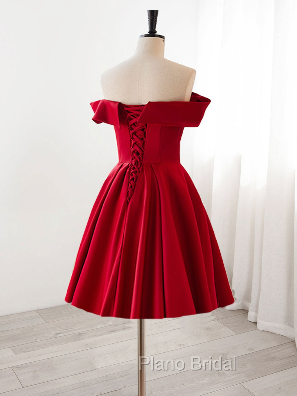 A-Line Satin Burgundy Short Formal Prom Dresses, Burgundy Homecoming Dresses with Beading Secondary image