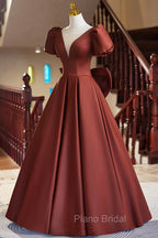 A-Line Satin Floor Length Formal Prom Dresses, Elegant Short Sleeve Evening Party Dresses