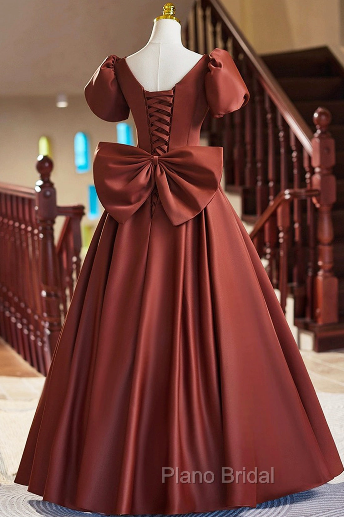 A-Line Satin Floor Length Formal Prom Dresses, Elegant Short Sleeve Evening Party Dresses