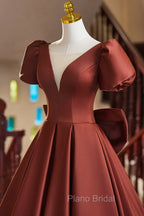 A-Line Satin Floor Length Formal Prom Dresses, Elegant Short Sleeve Evening Party Dresses