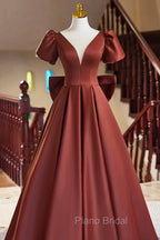 A-Line Satin Floor Length Formal Prom Dresses, Elegant Short Sleeve Evening Party Dresses