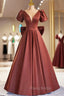 A-Line Satin Floor Length Formal Prom Dresses, Elegant Short Sleeve Evening Party Dresses