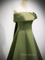 A-Line Satin Green Long Formal Prom Dresses, Green Formal Dresses