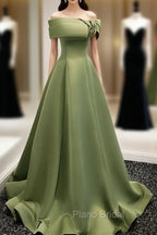 A-Line Satin Green Long Formal Prom Dresses, Green Formal Dresses