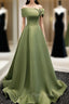 A-Line Satin Green Long Formal Prom Dresses, Green Formal Dresses