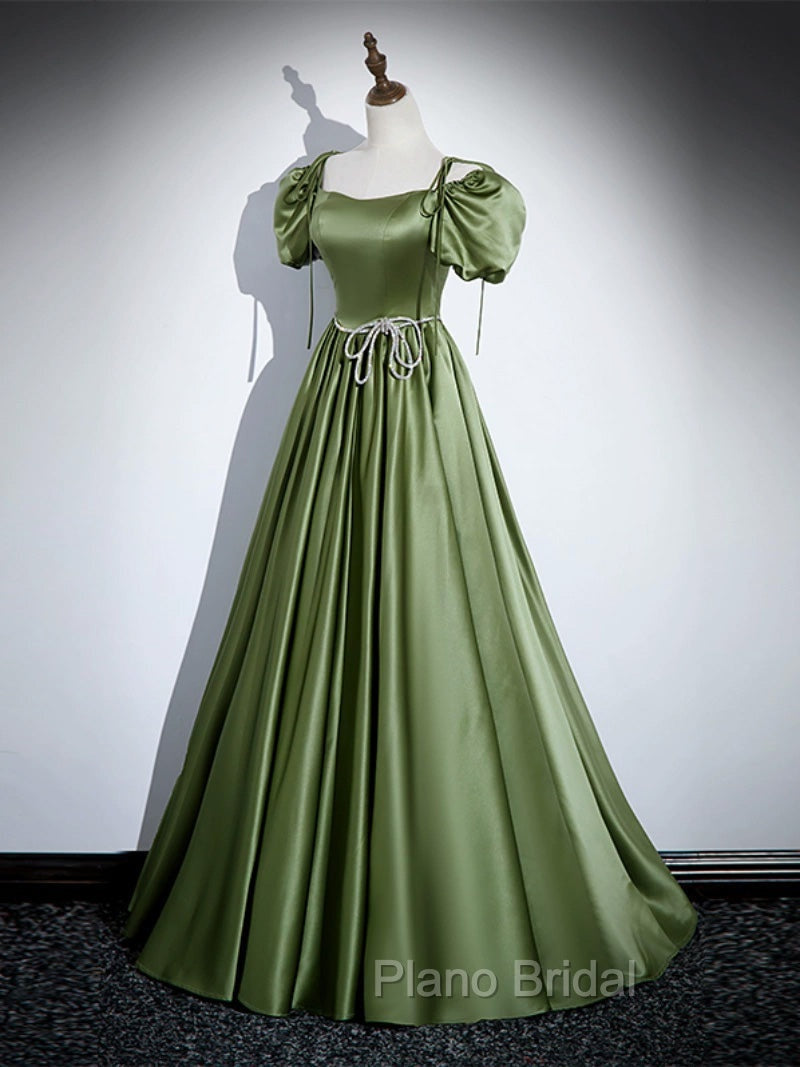 A-Line Satin Green Long Formal Prom Dresses, Green Formal Evening Dresses