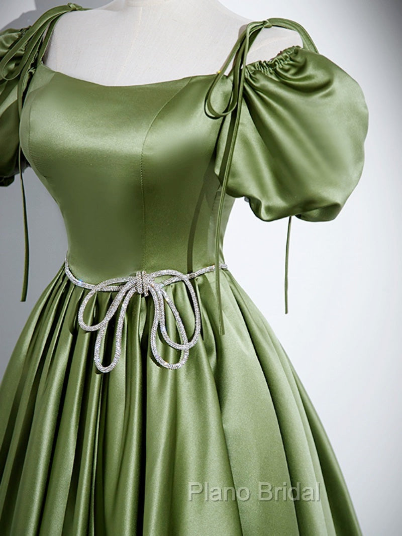 A-Line Satin Green Long Formal Prom Dresses, Green Formal Evening Dresses