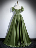 A-Line Satin Green Long Formal Prom Dresses, Green Formal Evening Dresses