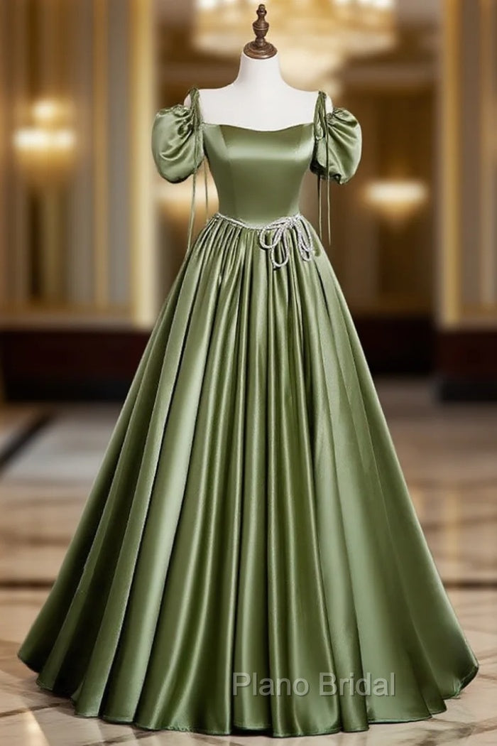 A-Line Satin Green Long Formal Prom Dresses, Green Formal Evening Dresses Main image