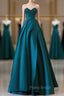 A-Line Satin Green Long Formal Prom Dresses, Green Satin Long Formal Dresses