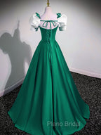A-Line Satin Green Long Formal Prom Dresses, Green A-Line Formal Dresses