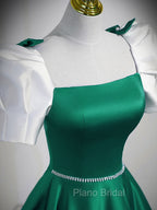 A-Line Satin Green Long Formal Prom Dresses, Green A-Line Formal Dresses