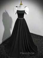 A-Line Satin Green Long Formal Prom Dresses, Green A-Line Formal Dresses