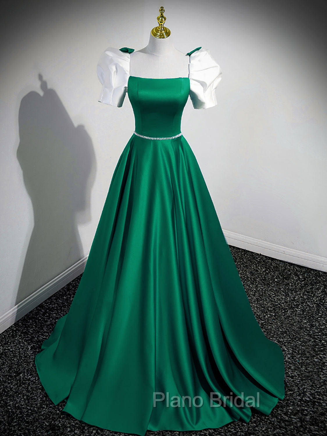 A-Line Satin Green Long Formal Prom Dresses, Green A-Line Formal Dresses