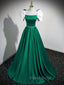 A-Line Satin Green Long Formal Prom Dresses, Green A-Line Formal Dresses