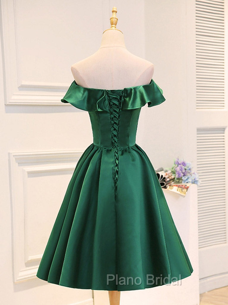 A-Line Satin Green Short Formal Prom Dresses, Green Homecoming Dresses