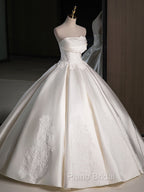 A-Line Satin Lace  ivory Long Wedding Dresses, Lace Weeding Party Dresses