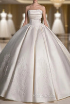 A-Line Satin Lace  ivory Long Wedding Dresses, Lace Weeding Party Dresses