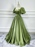 A line Satin Long Green Formal Prom Dresses, Green Formal Evening Graduation Dresses