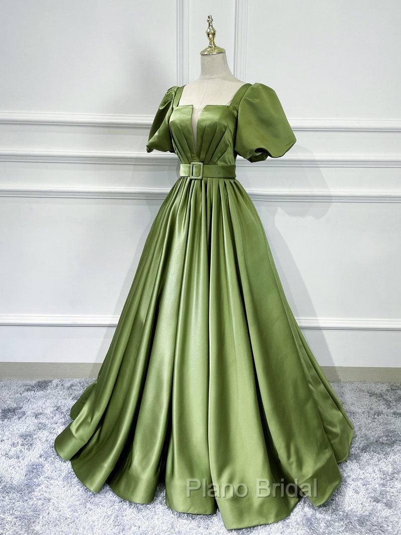 A line Satin Long Green Formal Prom Dresses, Green Formal Evening Graduation Dresses