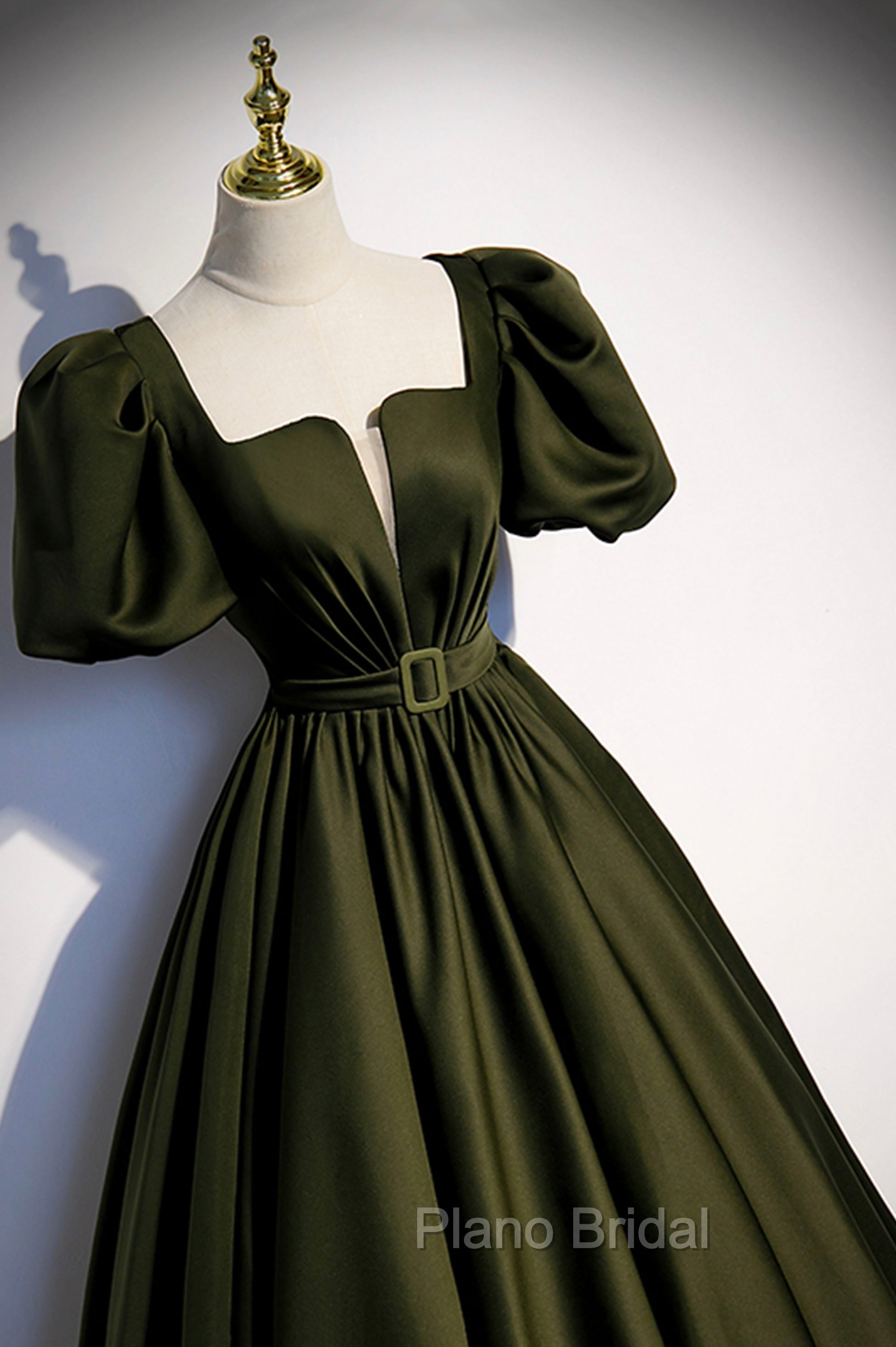 A-Line Satin Long Formal Prom Dresses, Dark Green Short Sleeve Evening Graduation Dresses Secondary image