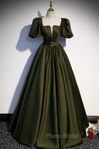 A-Line Satin Long Formal Prom Dresses, Dark Green Short Sleeve Evening Graduation Dresses
