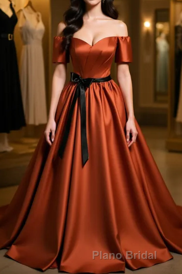 A-Line Satin Orange Long Formal Prom Dresses, Orange Formal Evening Dresses