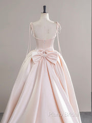 A-Line Satin Pink Champagne Long Formal Prom Dresses, Pink Champagne Long Formal Dresses