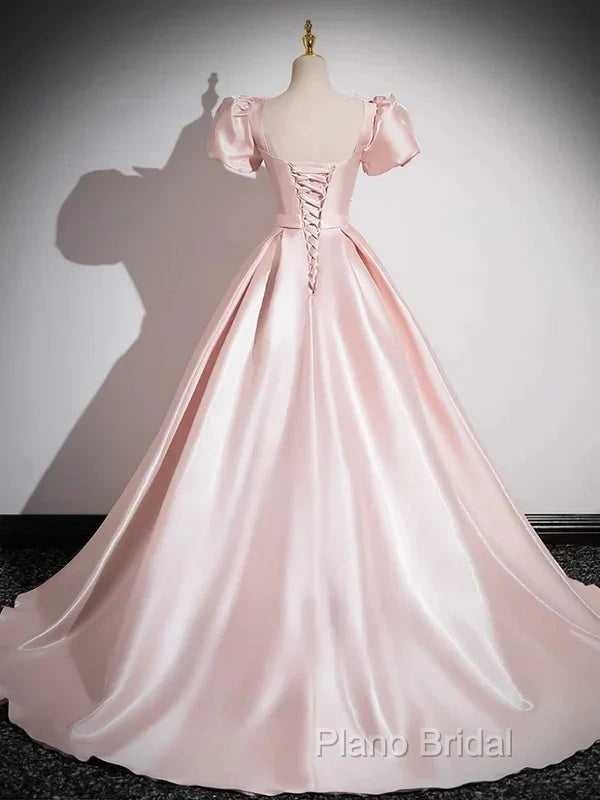 A-Line Satin Pink Quinceanera Dresses Long Formal Prom Dresses With Bows Short Sleeves Secondary image