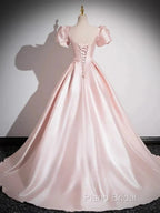 A-Line Satin Pink Quinceanera Dresses Long Formal Prom Dresses With Bows Short Sleeves