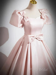 A-Line Satin Pink Quinceanera Dresses Long Formal Prom Dresses With Bows Short Sleeves