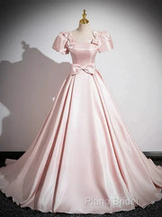 A-Line Satin Pink Quinceanera Dresses Long Formal Prom Dresses With Bows Short Sleeves