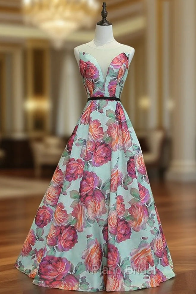 A-line Satin Print Formal Prom Dresses