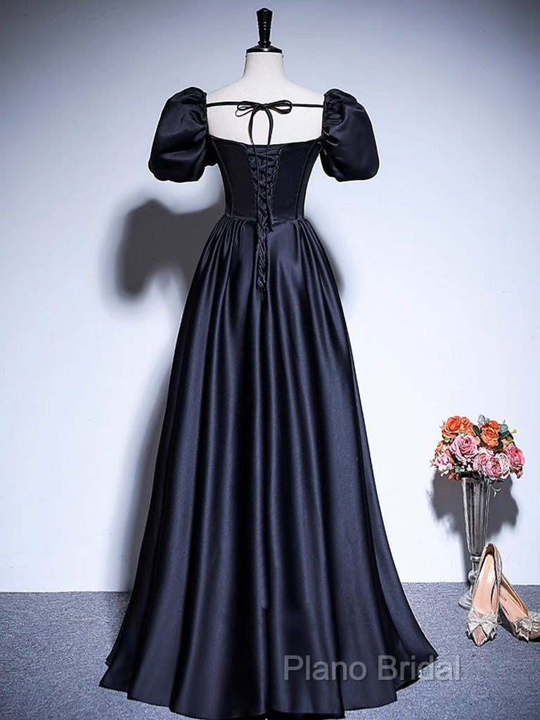 A-Line Satin Puff Sleeves Black Long Formal Prom Dresses, Black Long Formal Dresses