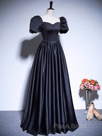 A-Line Satin Puff Sleeves Black Long Formal Prom Dresses, Black Long Formal Dresses