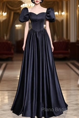 A-Line Satin Puff Sleeves Black Long Formal Prom Dresses, Black Long Formal Dresses