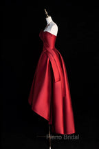 A-Line Satin Short Formal Prom Dresses, Burgundy Strapless High Low Party Dresses