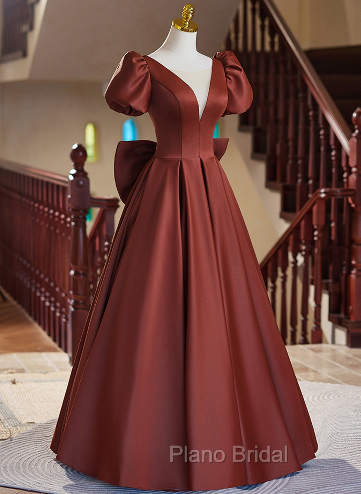 A-line Satin Short Sleeves Long Formal Prom Dresses, Satin Simple Evening Dresses