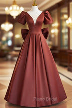 A-line Satin Short Sleeves Long Formal Prom Dresses, Satin Simple Evening Dresses