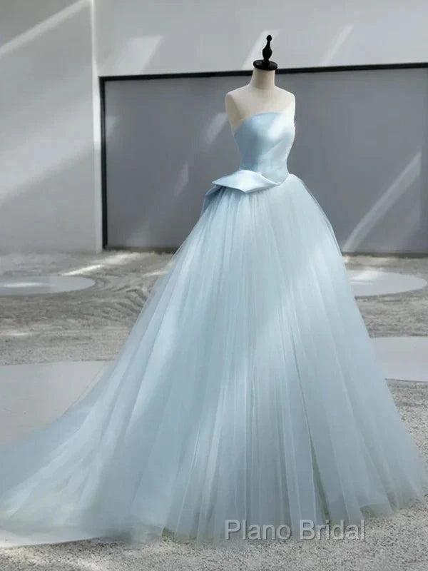 A-Line Satin Tulle Blue Quinceanera Dresses Long Formal Prom Dresses Ball Gown Off Shoulder
